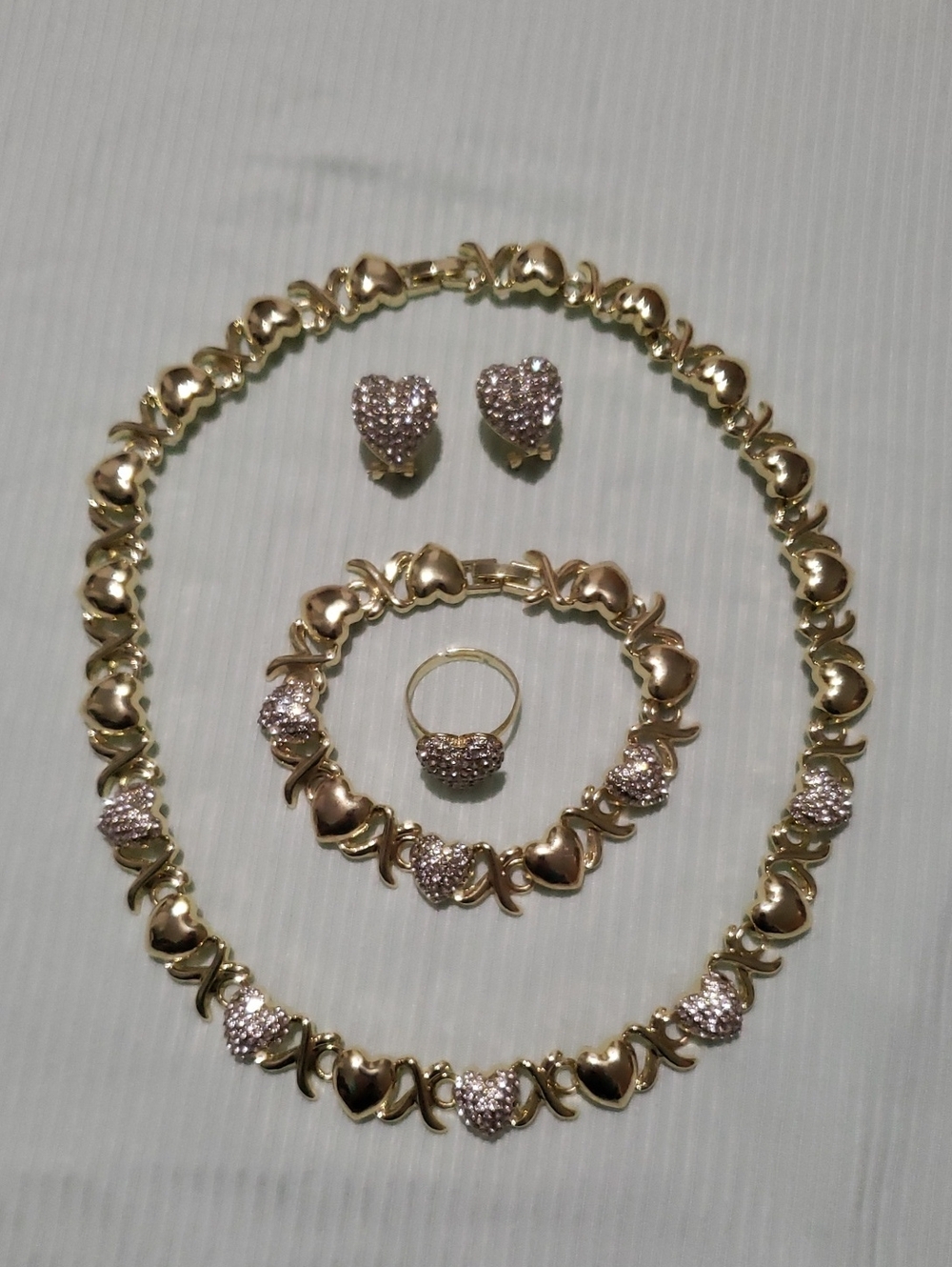Gold Heart Link Jewelry Set - Necklace, Bracelet, Earrings And Adjustable Ring